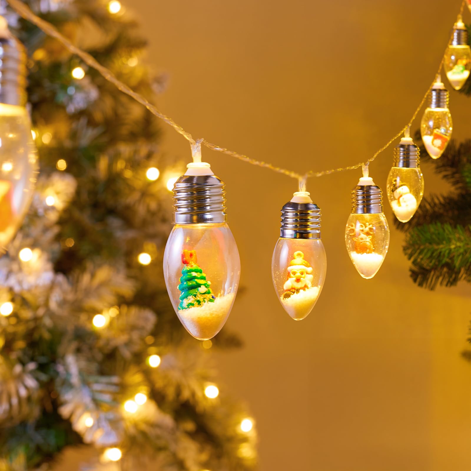 Vintage-Christmas-Lights-Indoor-String-Lights, 7.5Ft C9 Christmas Snow Globe String Lights with Tree & Snow & Cute Ornaments, 8 Modes Battery Operated Lights for Tree Garland Fireplace Xmas Decor